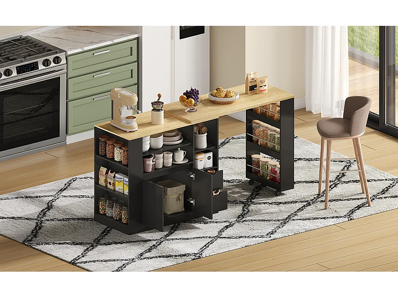 Isla de cocina con encimera extensible, 2 cajones y 2 puertas - Negro y madera