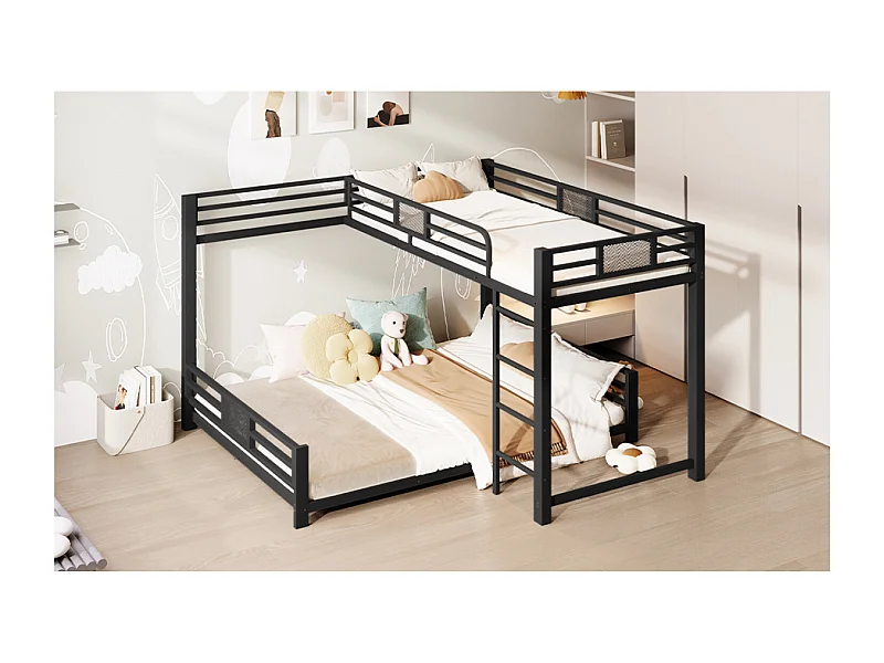 L-vormig stapelbed 90x200 en 140x200 cm met lattenbodem - Zwart metaal