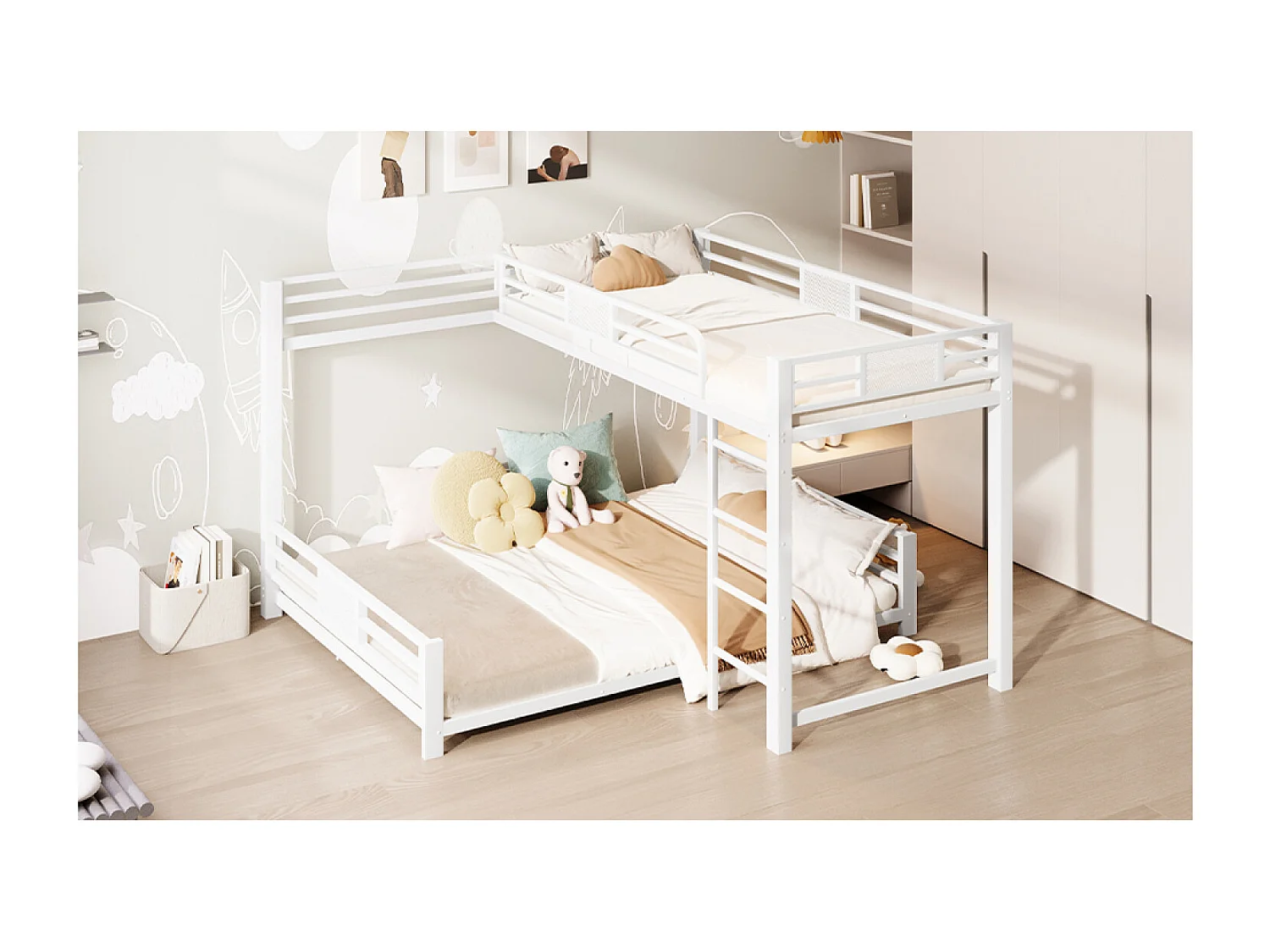 L-vormig stapelbed 90x200 en 140x200 cm met lattenbodem - Wit metaal