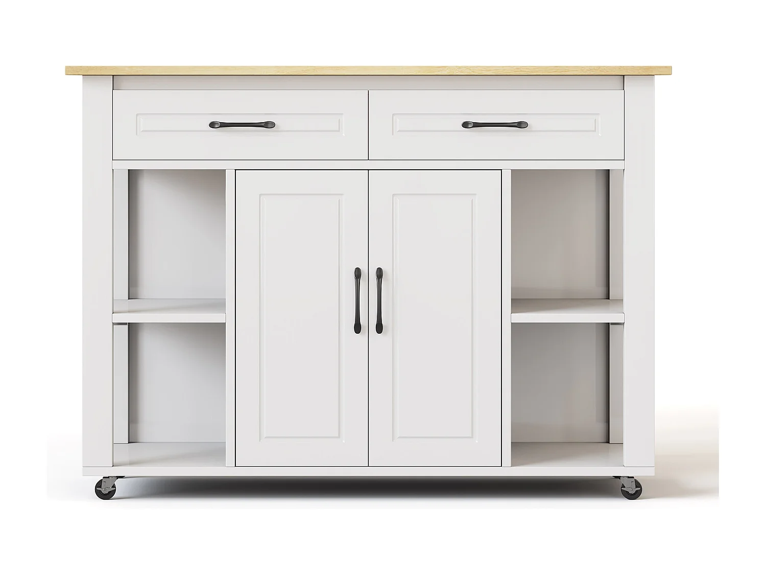 Isla de cocina móvil con 2 cajones y 2 puertas, tomas de corriente - Blanco