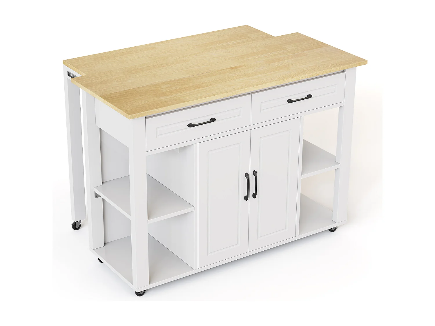 Isla de cocina móvil con 2 cajones y 2 puertas, tomas de corriente - Blanco