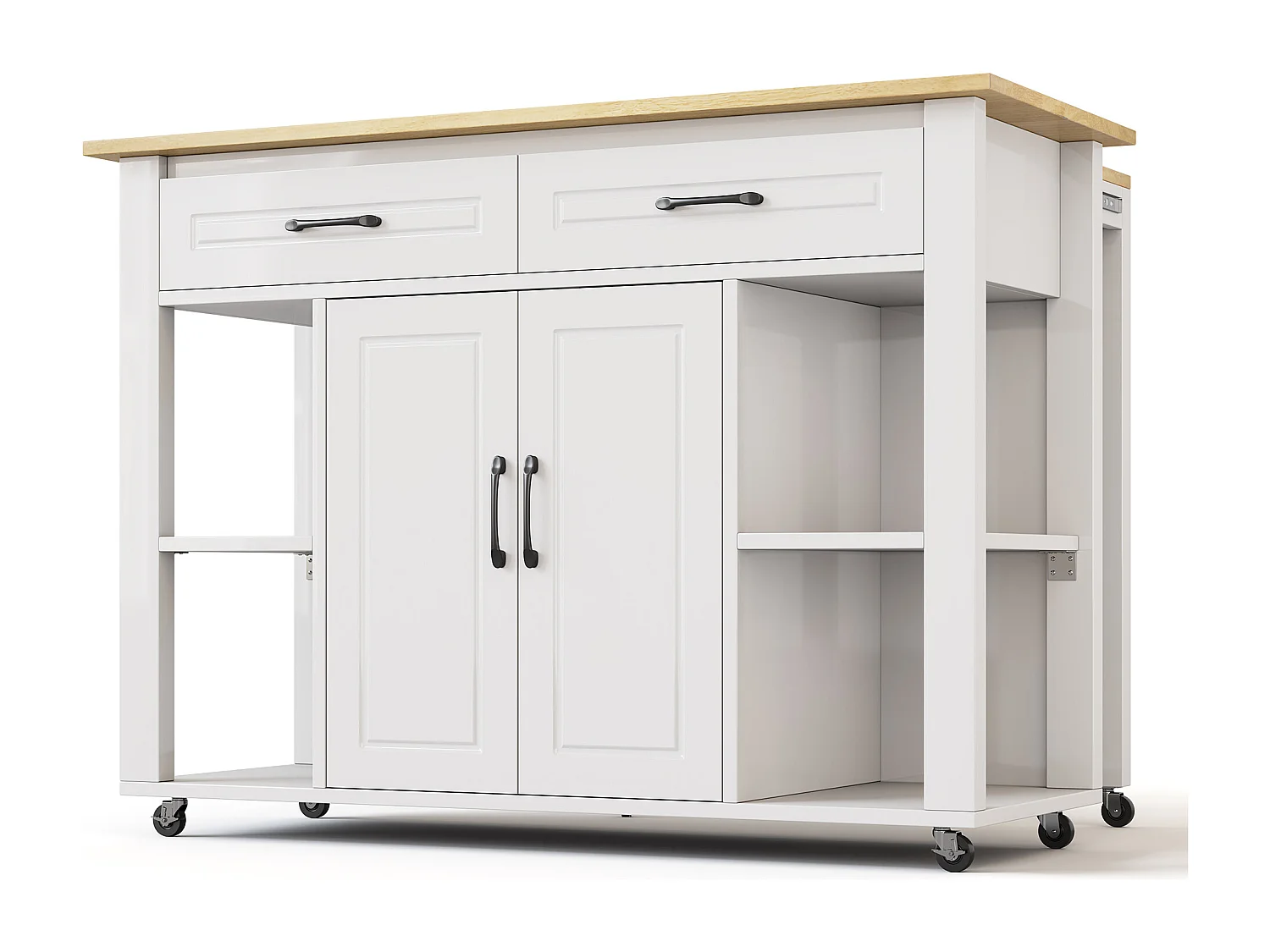 Isla de cocina móvil con 2 cajones y 2 puertas, tomas de corriente - Blanco