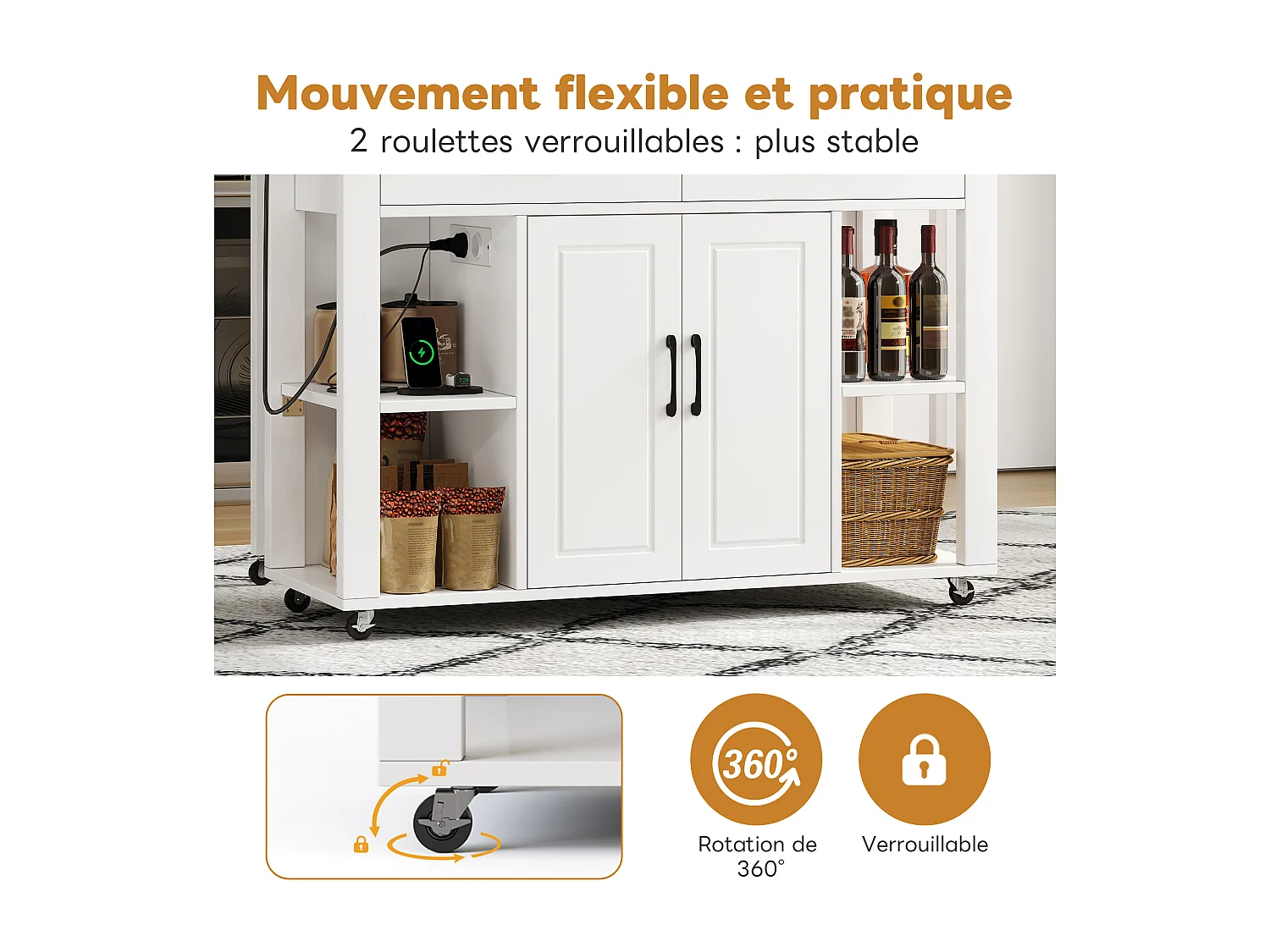 Isla de cocina móvil con 2 cajones y 2 puertas, tomas de corriente - Blanco