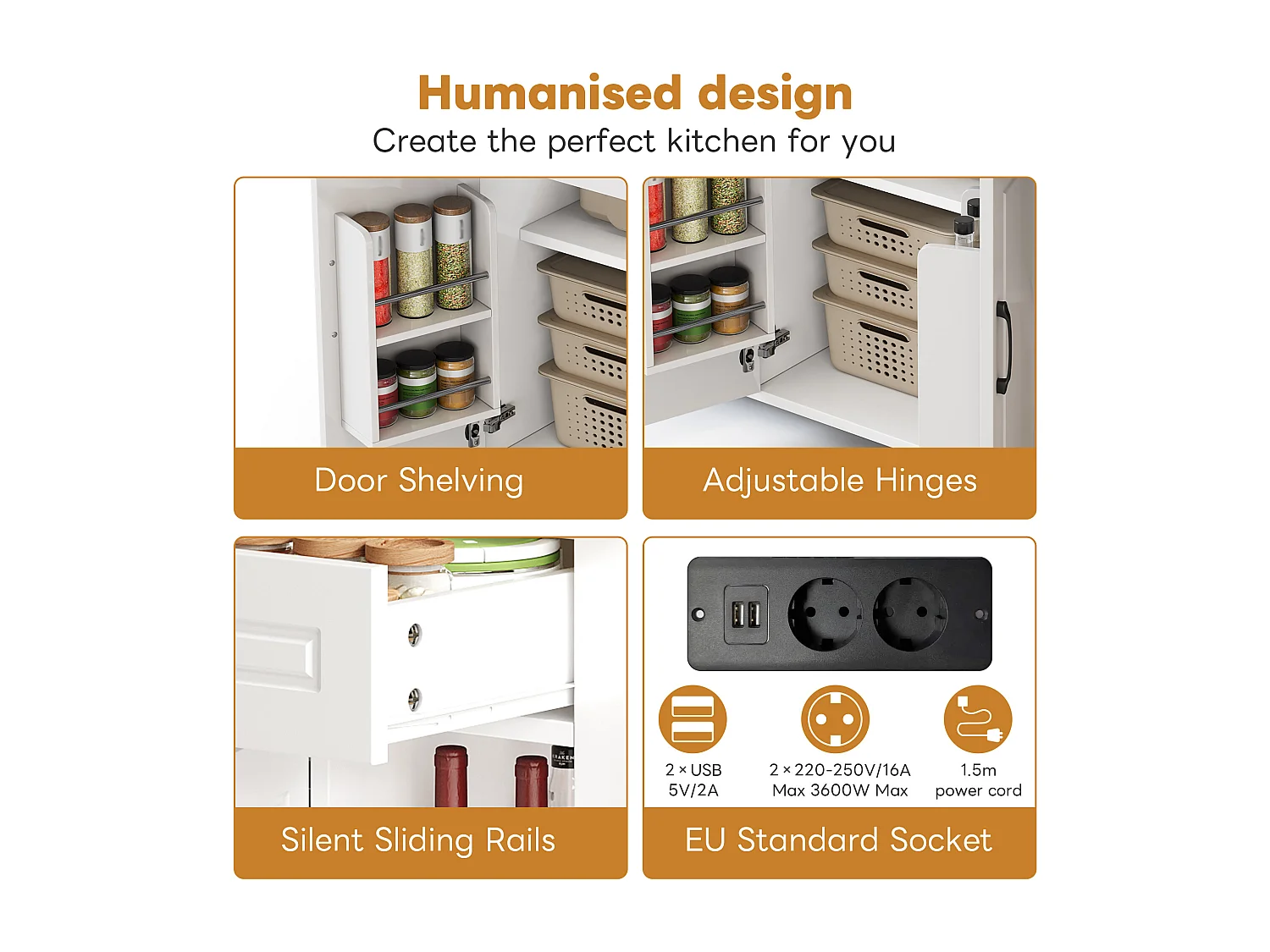 Isla de cocina móvil con 2 cajones y 2 puertas, tomas de corriente - Blanco