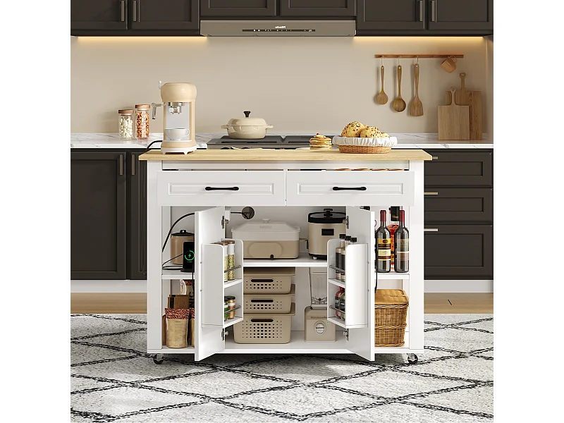 Isla de cocina móvil con 2 cajones y 2 puertas, tomas de corriente - Blanco