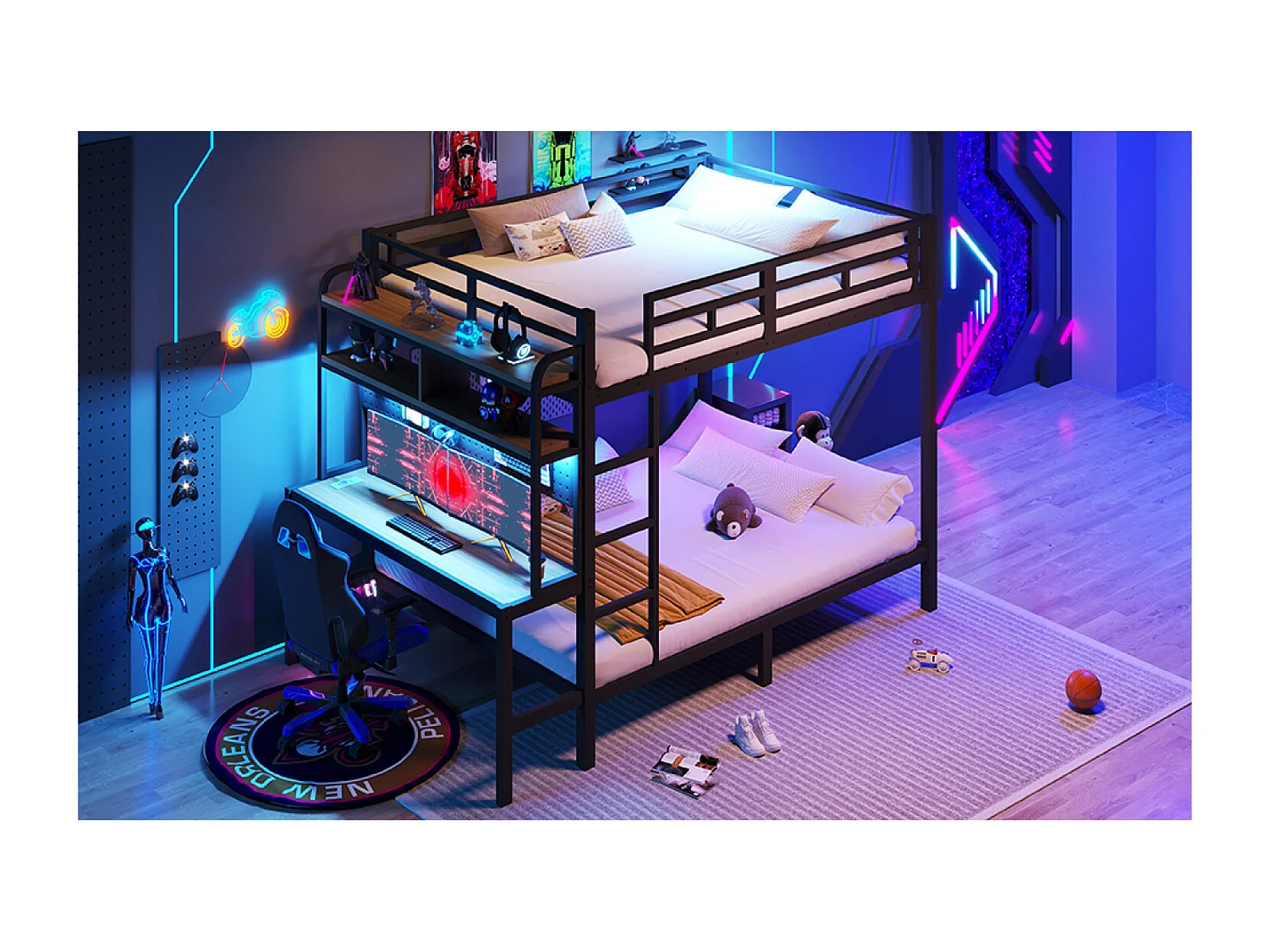 Kinderstapelbed 140 x 200 cm met bureau, ledverlichting en USB-poort - Metalen en MDF-bed - Zwart