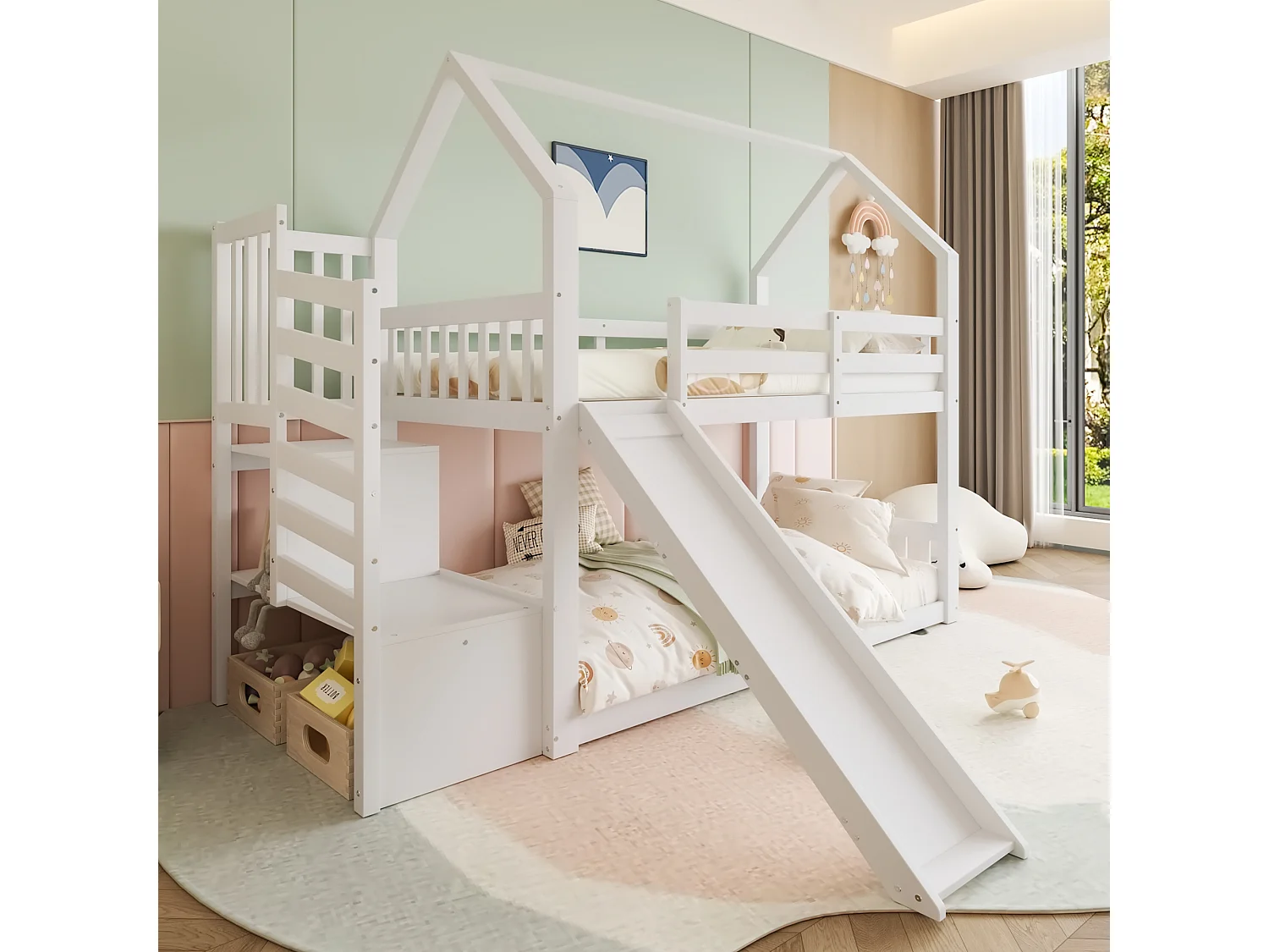 Letto a castello 90x200cm con scaletta contenitore e scivolo - Letto a castello per bambini in legno bianco