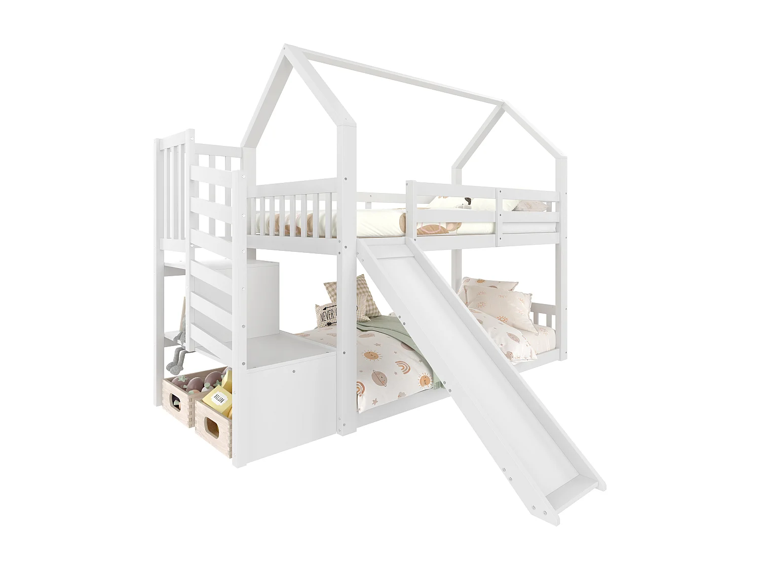 Letto a castello 90x200cm con scaletta contenitore e scivolo - Letto a castello per bambini in legno bianco