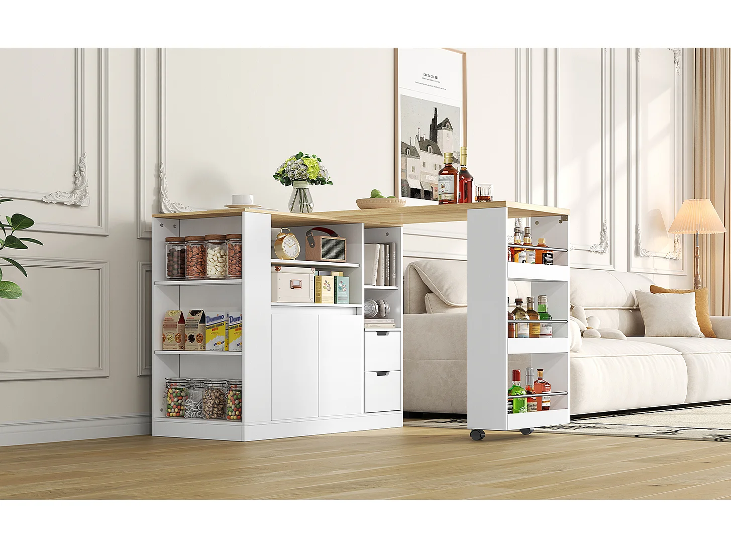 Isla de cocina con encimera extensible, 2 cajones y 2 puertas - Blanco y madera