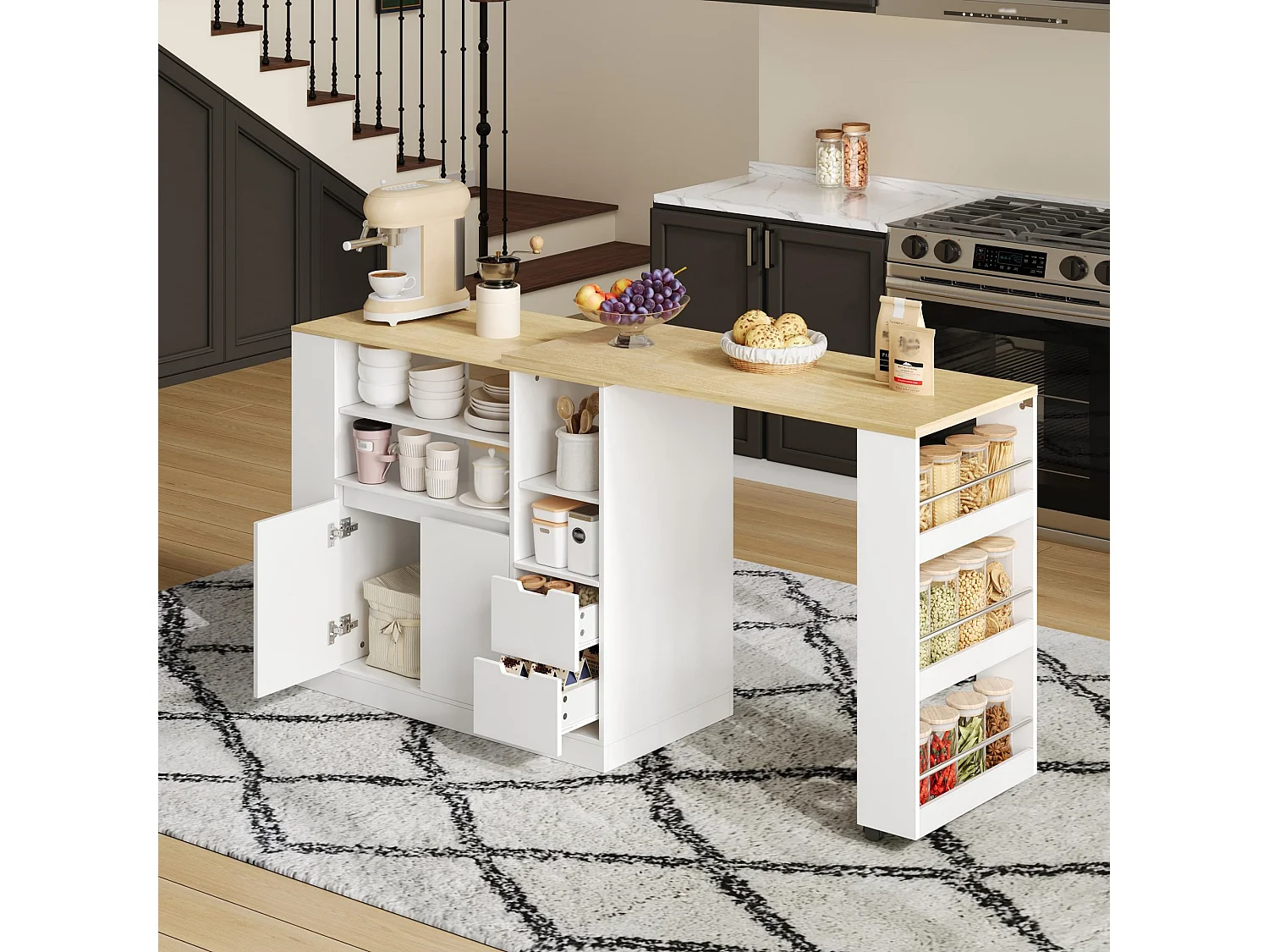 Isla de cocina con encimera extensible, 2 cajones y 2 puertas - Blanco y madera