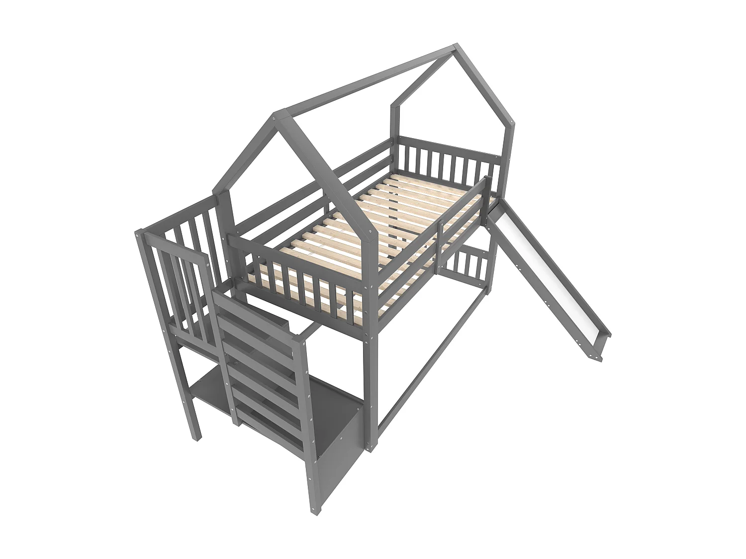 Letto a castello 90x200cm con scala contenitore e scivolo - Letto a soppalco per bambini in legno grigio