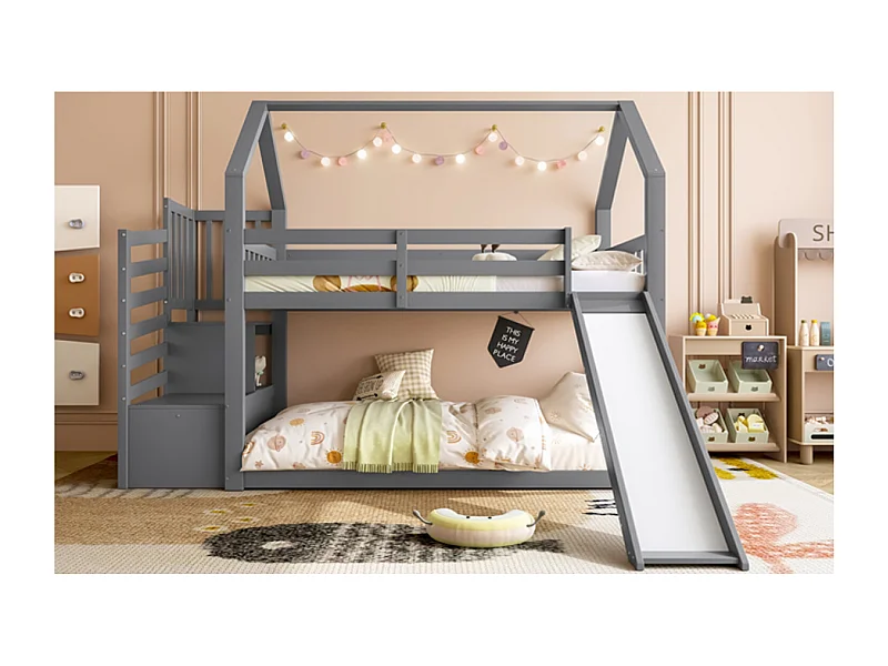 Lit superposé 90x200cm avec escalier de rangement et toboggan - Lit cabane enfant en bois gris