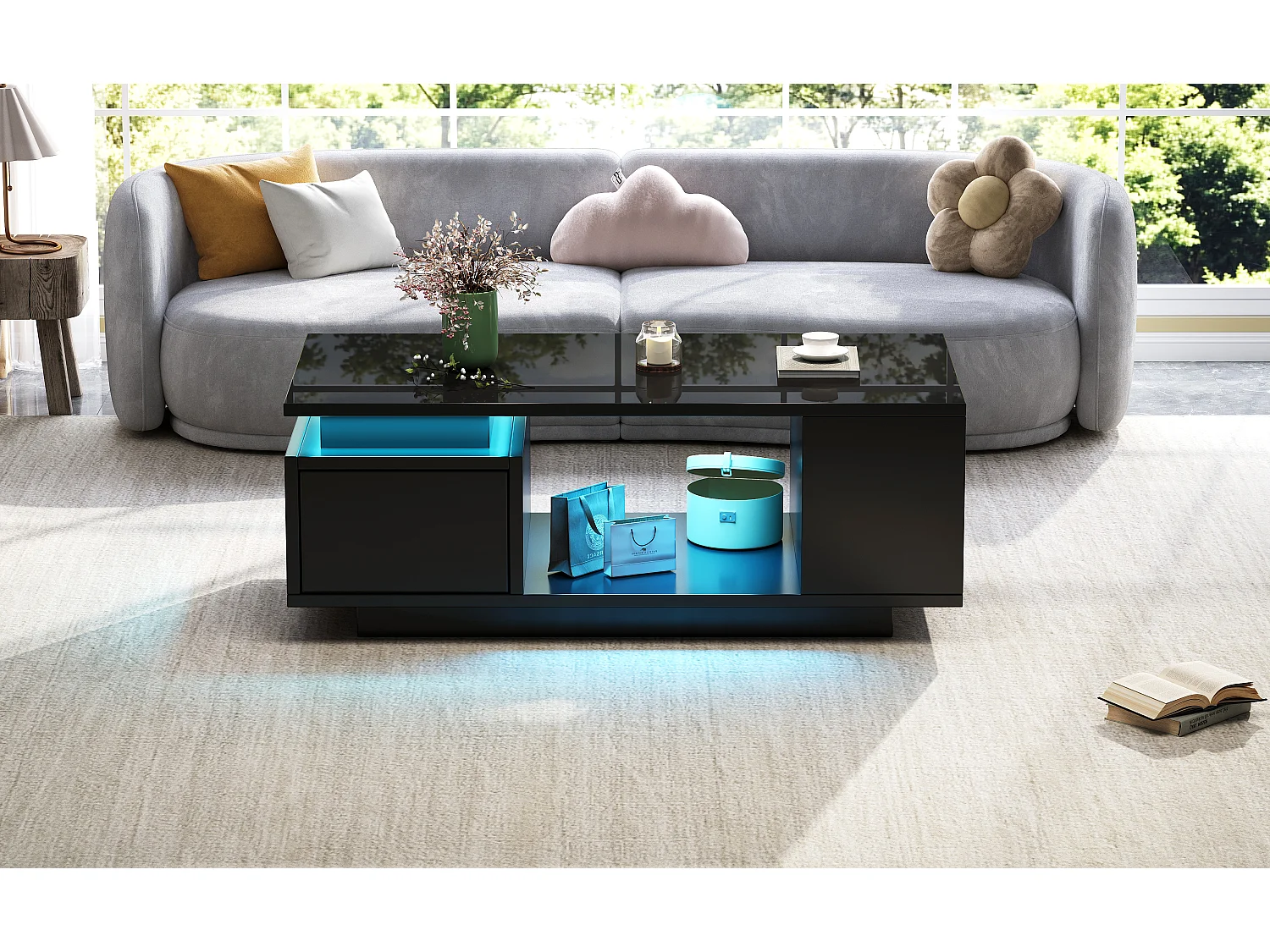 Mesa de centro 100 x 50 x 36 cm con cajón, LED - Negro