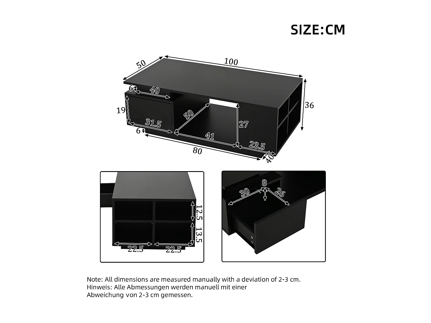 Mesa de centro 100 x 50 x 36 cm con cajón, LED - Negro