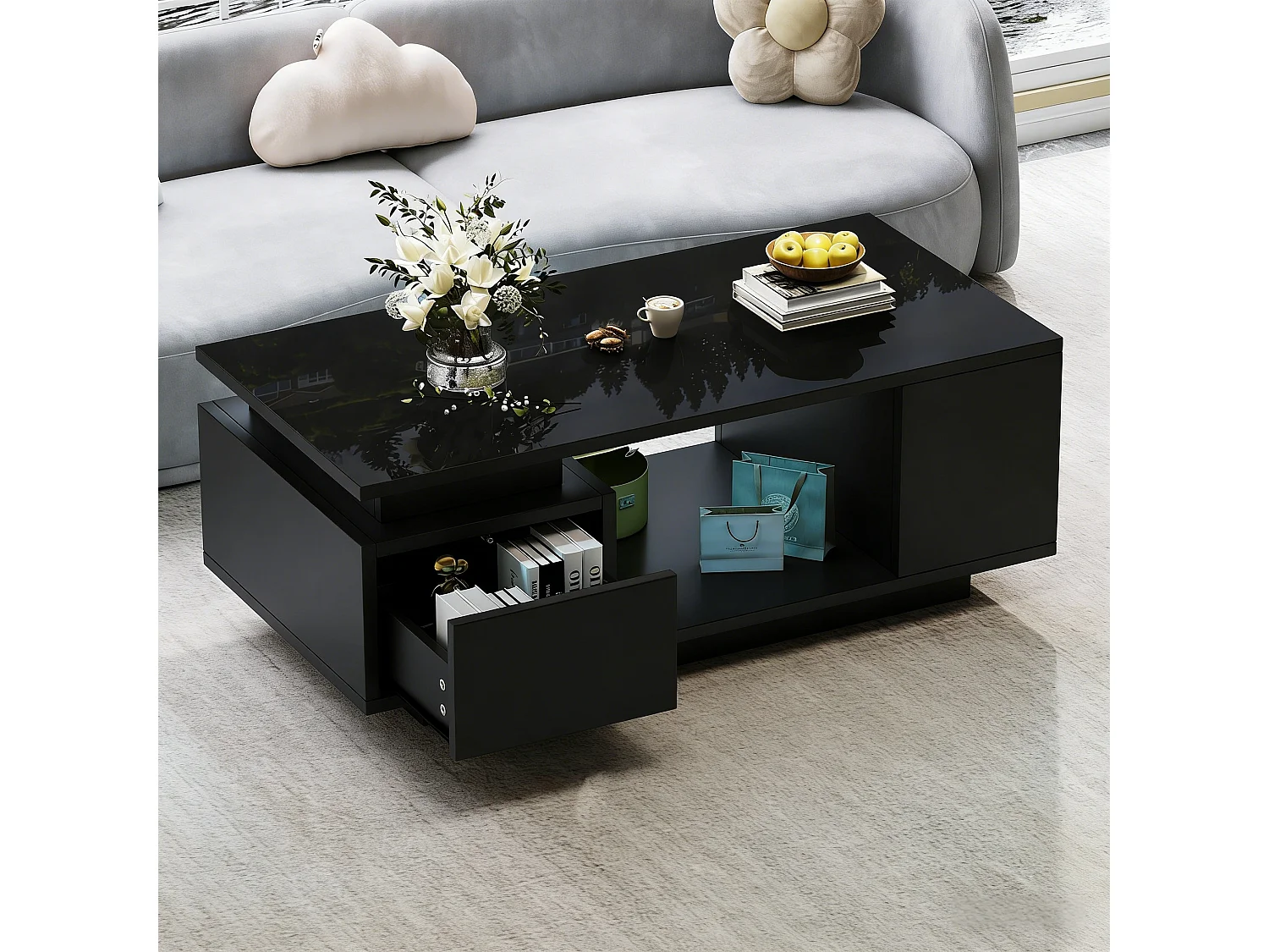 Mesa de centro 100 x 50 x 36 cm con cajón, LED - Negro