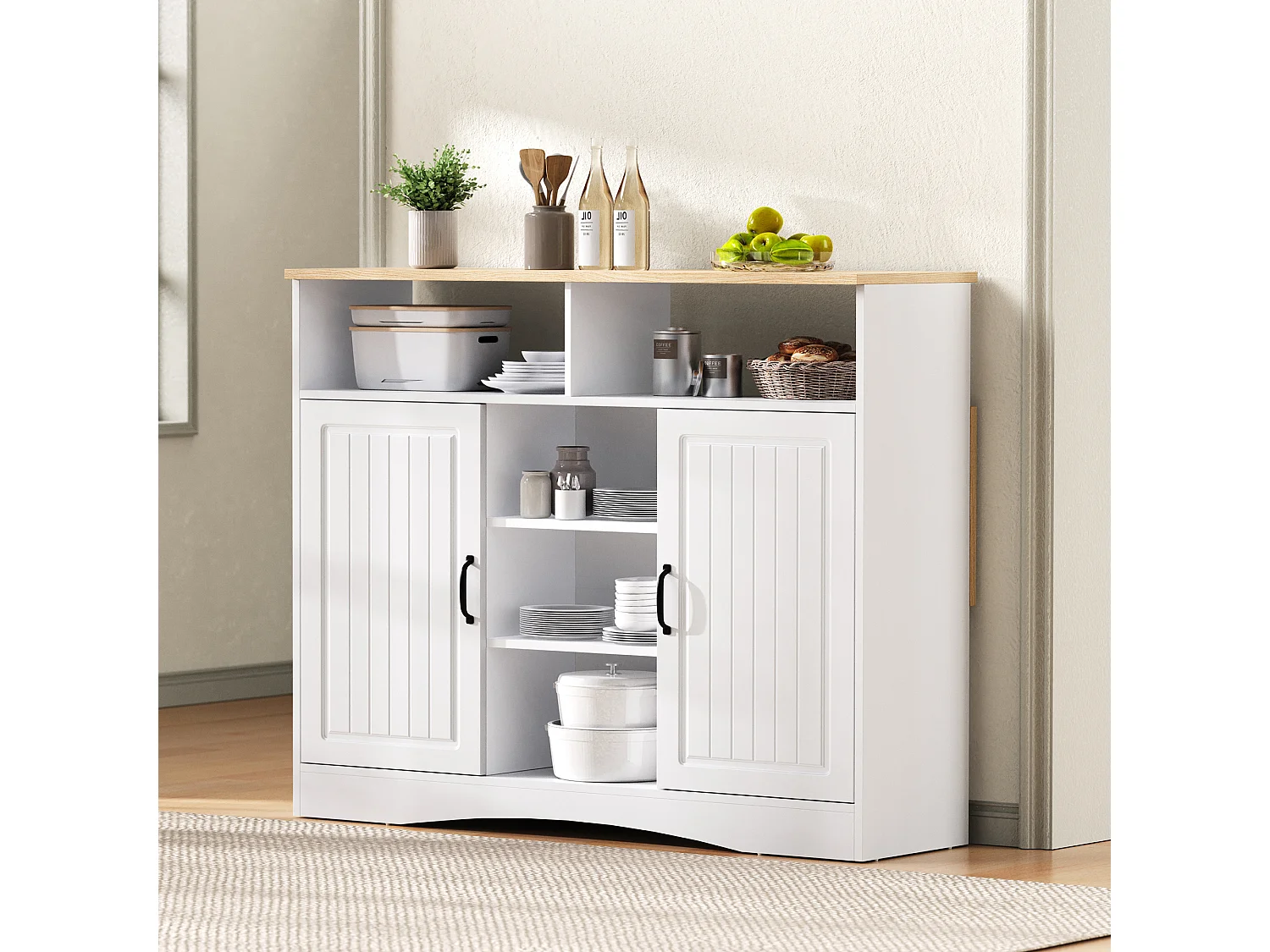 Isla de cocina con ruedas con 2 puertas y 2 sillas - Zona de comedor extensible - Blanco y natural claro