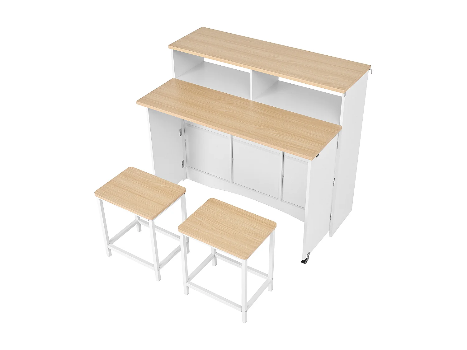 Isla de cocina con ruedas con 2 puertas y 2 sillas - Zona de comedor extensible - Blanco y natural claro