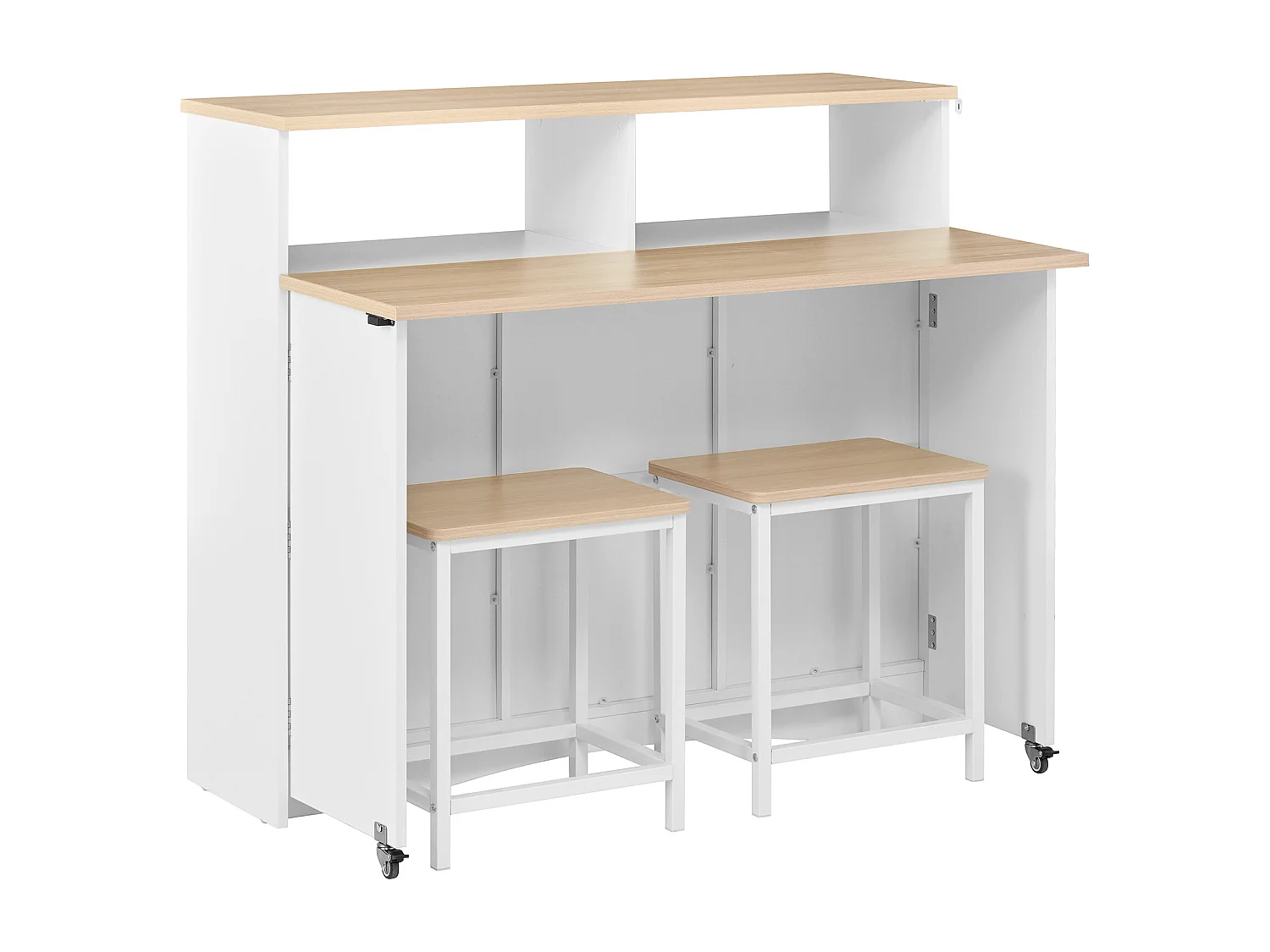 Isla de cocina con ruedas con 2 puertas y 2 sillas - Zona de comedor extensible - Blanco y natural claro