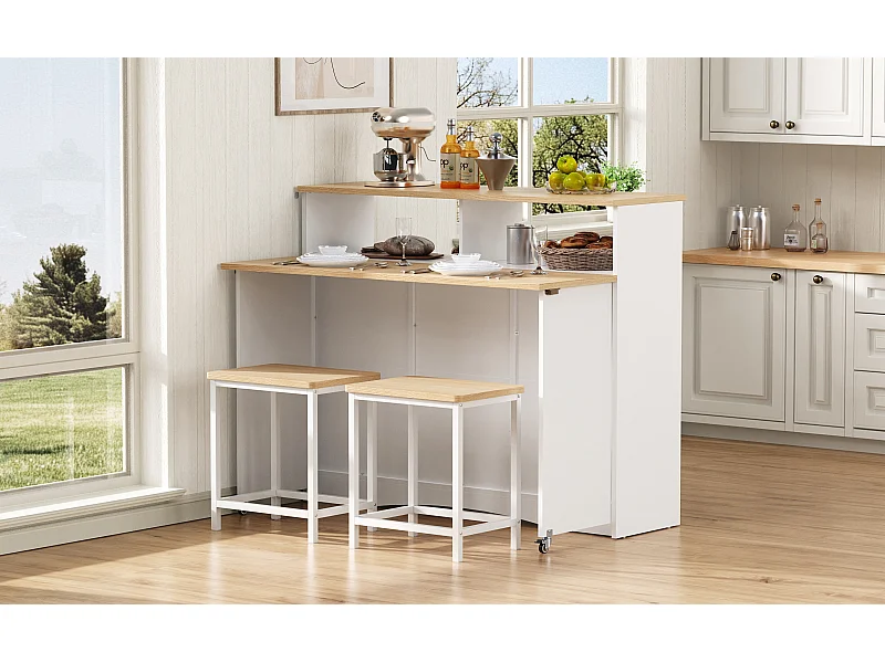 Isla de cocina con ruedas con 2 puertas y 2 sillas - Zona de comedor extensible - Blanco y natural claro