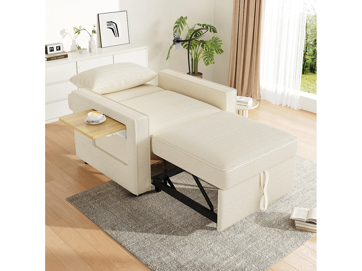 Fauteuil convertible en velours côtelé beige - Canapé simple avec table d'appoint et ports USB/Type-C