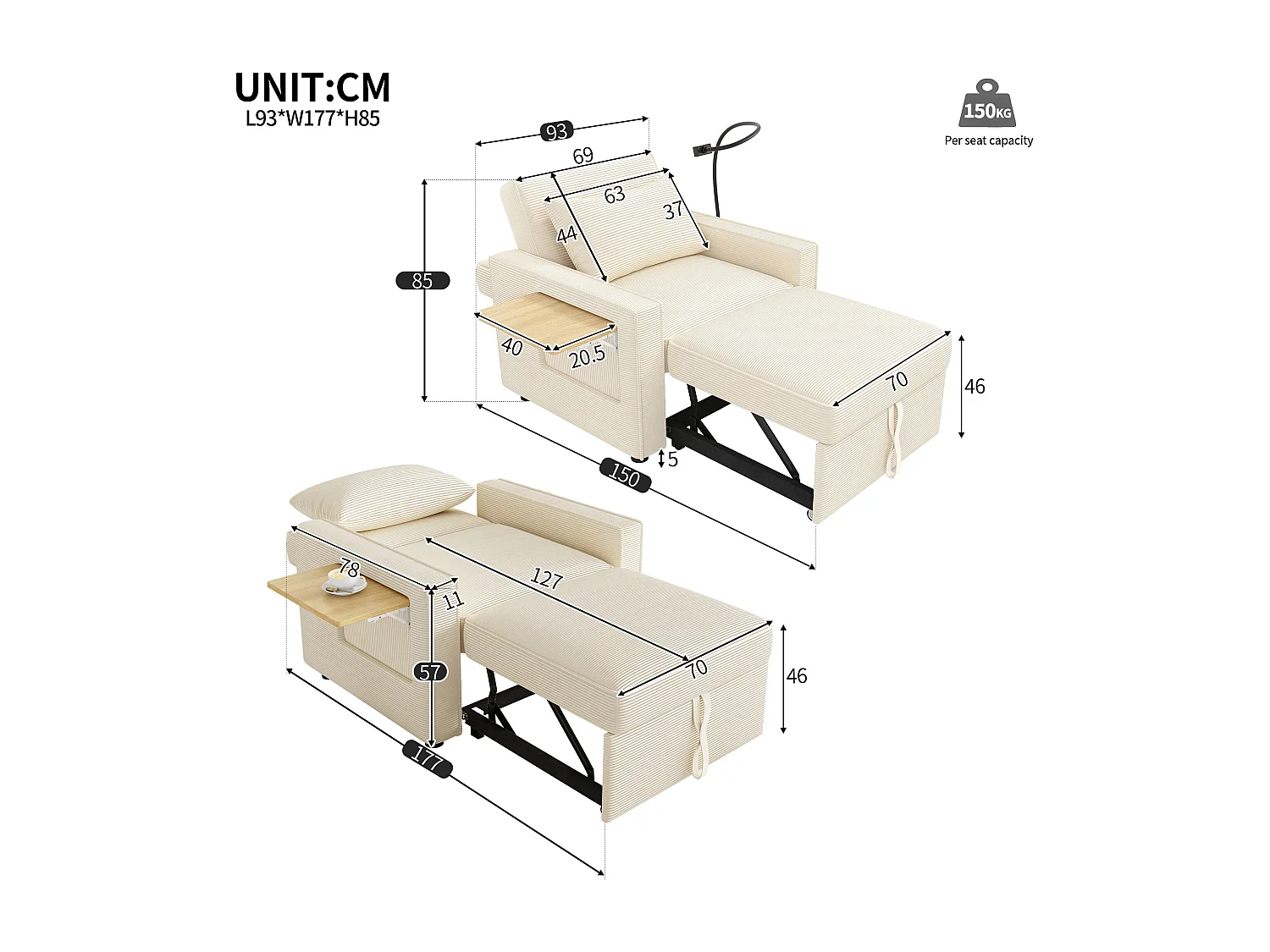 Fauteuil convertible en velours côtelé beige - Canapé simple avec table d'appoint et ports USB/Type-C