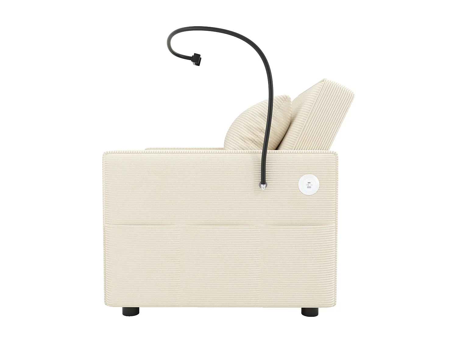 Fauteuil convertible en velours côtelé beige - Canapé simple avec table d'appoint et ports USB/Type-C