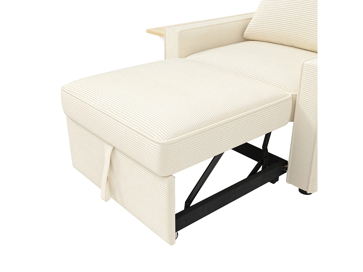 Fauteuil convertible en velours côtelé beige - Canapé simple avec table d'appoint et ports USB/Type-C