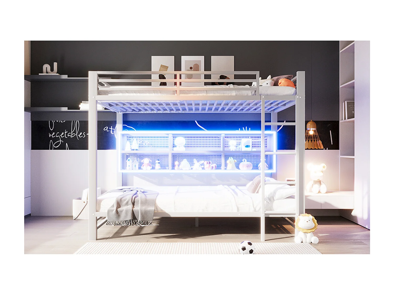 Kinderstapelbed 140x200 met opbergruimte en ledverlichting, wit metaal