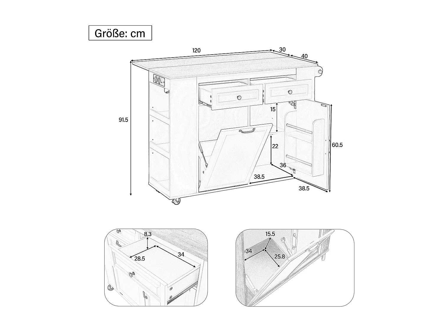Isla de cocina negra con ruedas, 2 cajones y toma de corriente - Carro de servicio blanco con superficie extensible 120x40-70 cm