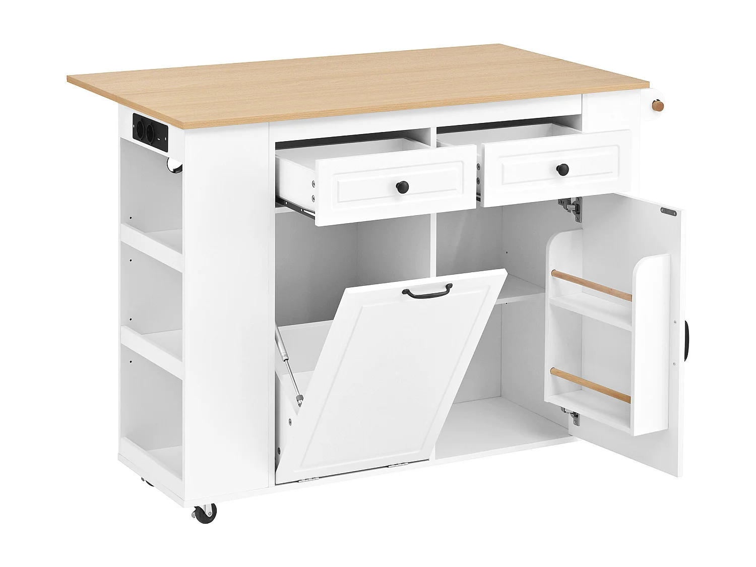 Isla de cocina negra con ruedas, 2 cajones y toma de corriente - Carro de servicio blanco con superficie extensible 120x40-70 cm