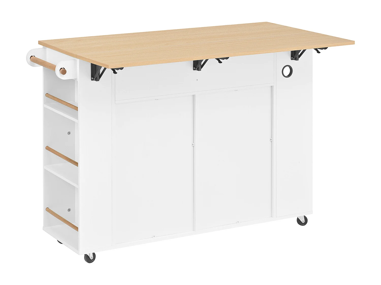 Isla de cocina negra con ruedas, 2 cajones y toma de corriente - Carro de servicio blanco con superficie extensible 120x40-70 cm