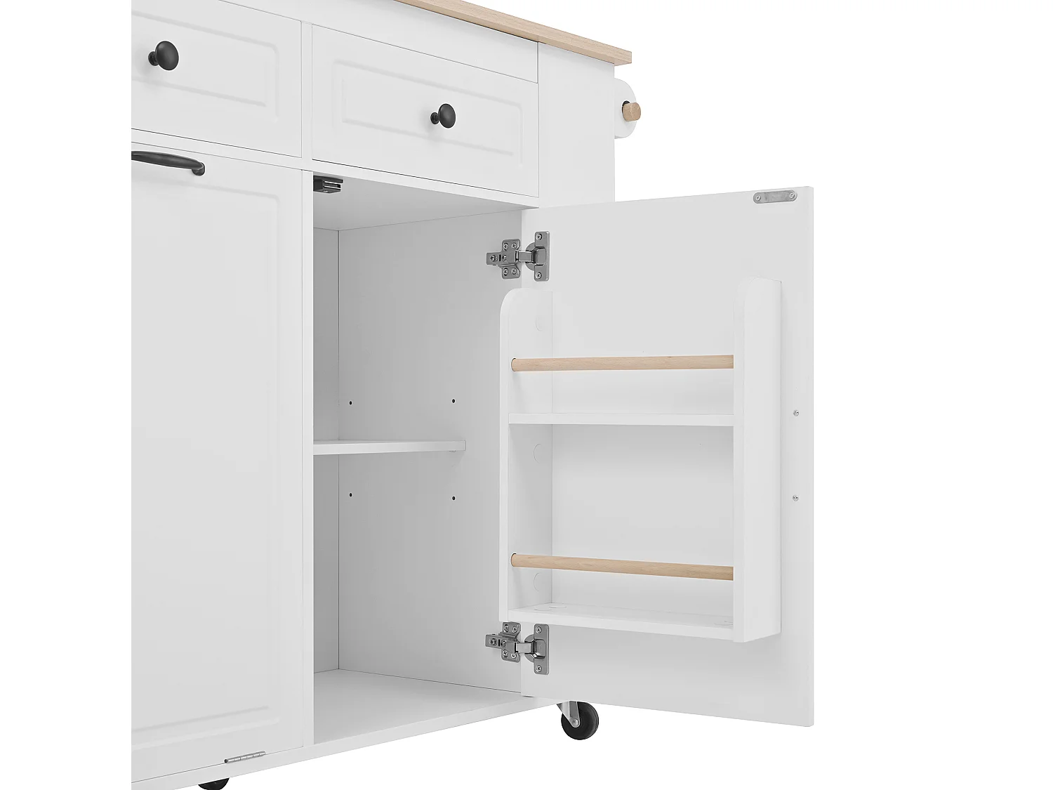 Isla de cocina negra con ruedas, 2 cajones y toma de corriente - Carro de servicio blanco con superficie extensible 120x40-70 cm