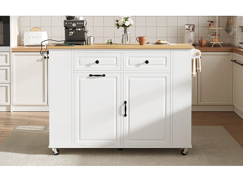 Isla de cocina negra con ruedas, 2 cajones y toma de corriente - Carro de servicio blanco con superficie extensible 120x40-70 cm