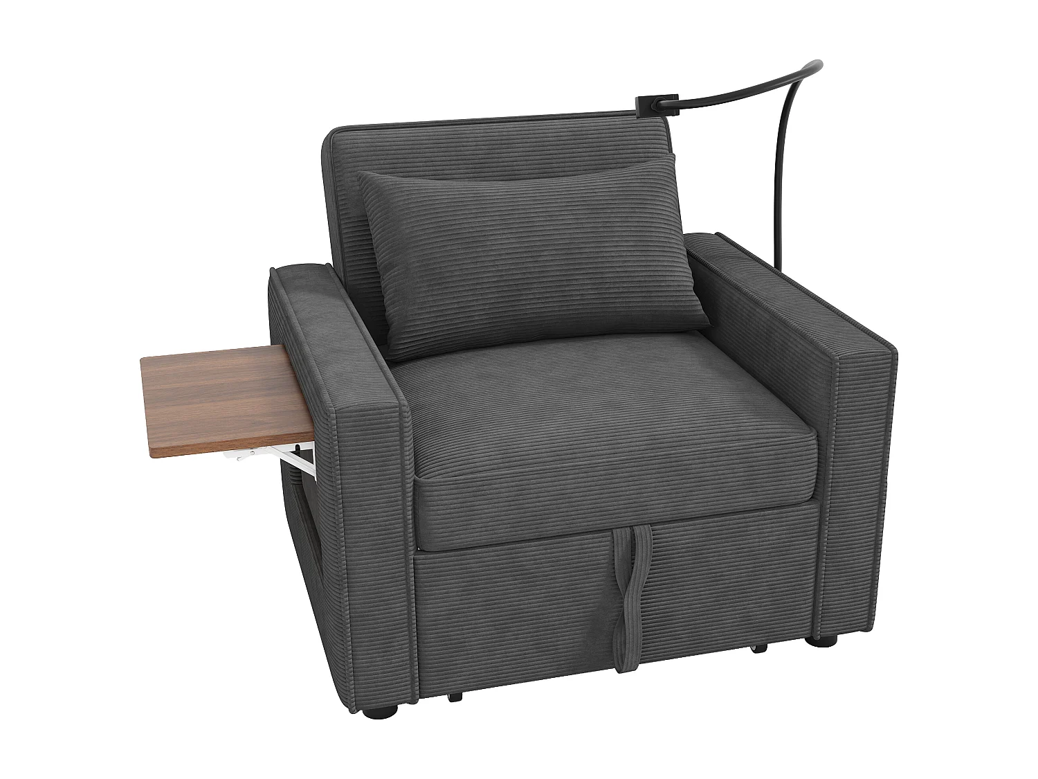 Fauteuil convertible en velours côtelé gris - Canapé simple avec table d'appoint et ports USB/Type-C