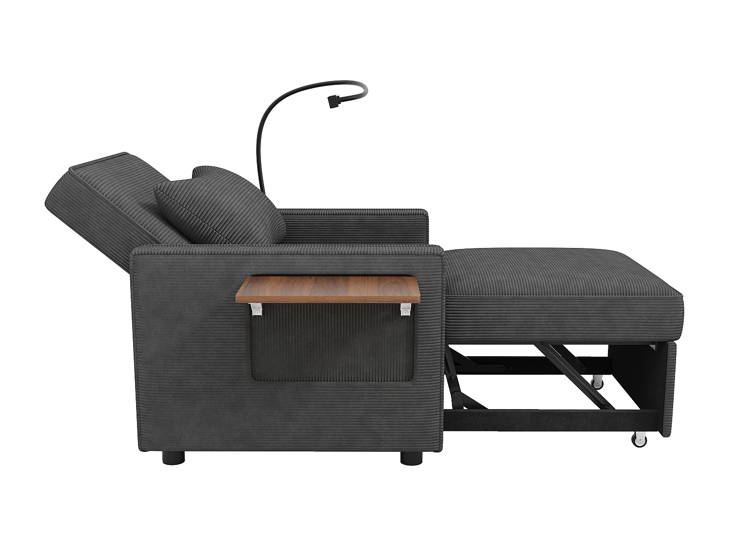 Fauteuil convertible en velours côtelé gris - Canapé simple avec table d'appoint et ports USB/Type-C