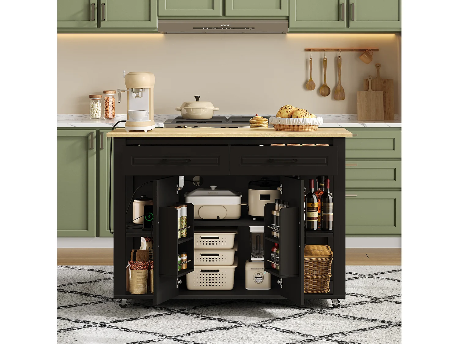 Isla de cocina móvil con 2 cajones y 2 puertas, tomas de corriente - Negro