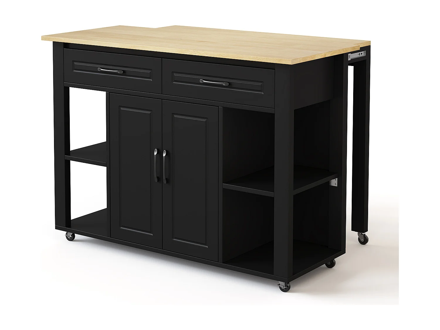 Isla de cocina móvil con 2 cajones y 2 puertas, tomas de corriente - Negro