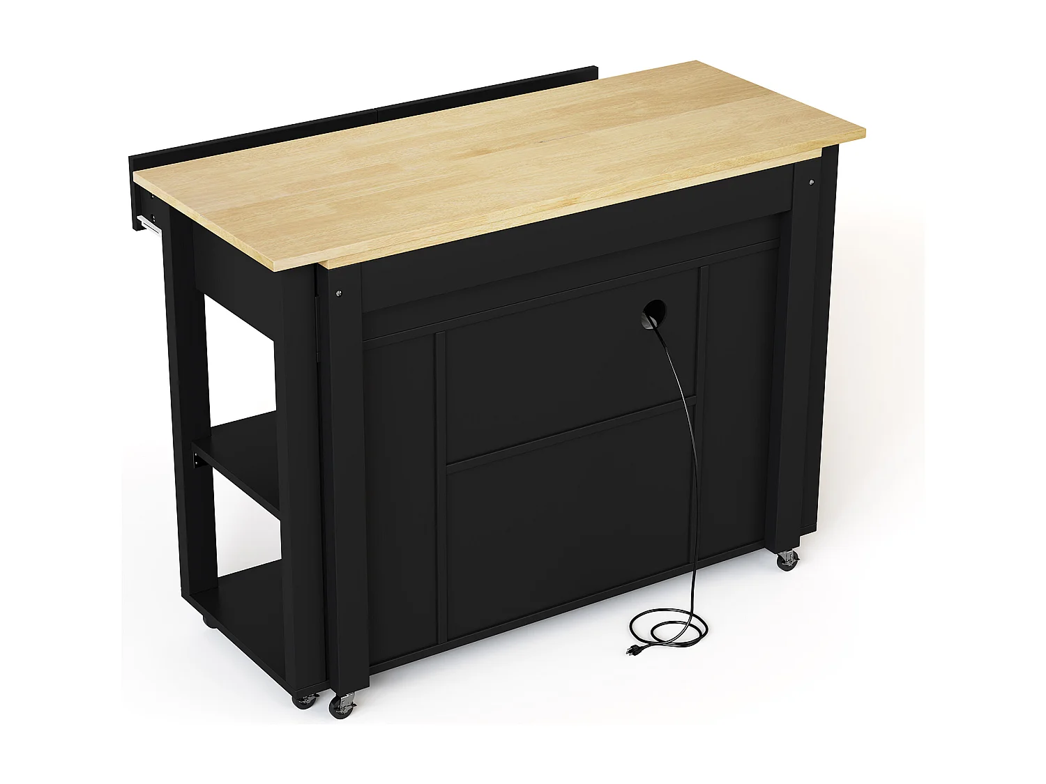 Isla de cocina móvil con 2 cajones y 2 puertas, tomas de corriente - Negro