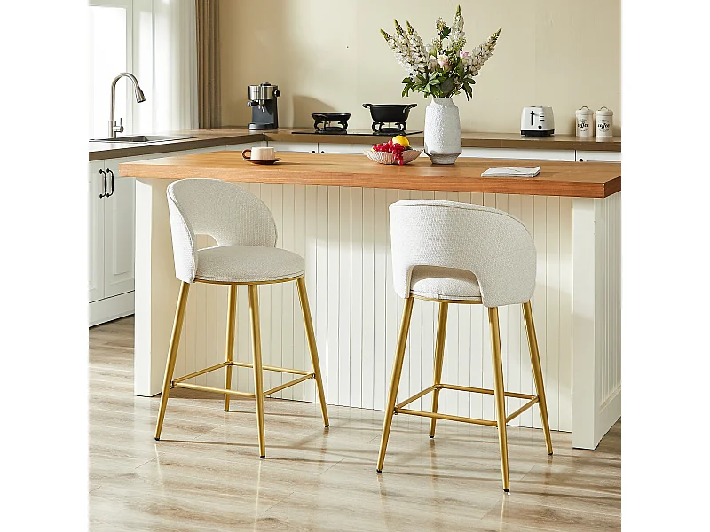 Set van 2 beige stoffen barkrukken - Opengewerkte rugleuning en goudkleurig metalen frame