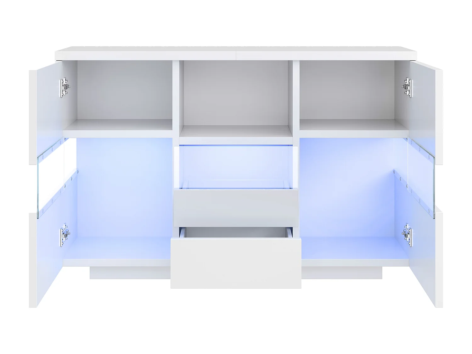 Wit LED-dressoir 140x35x75 cm met 2 deuren en 2 lades - Glas en hout