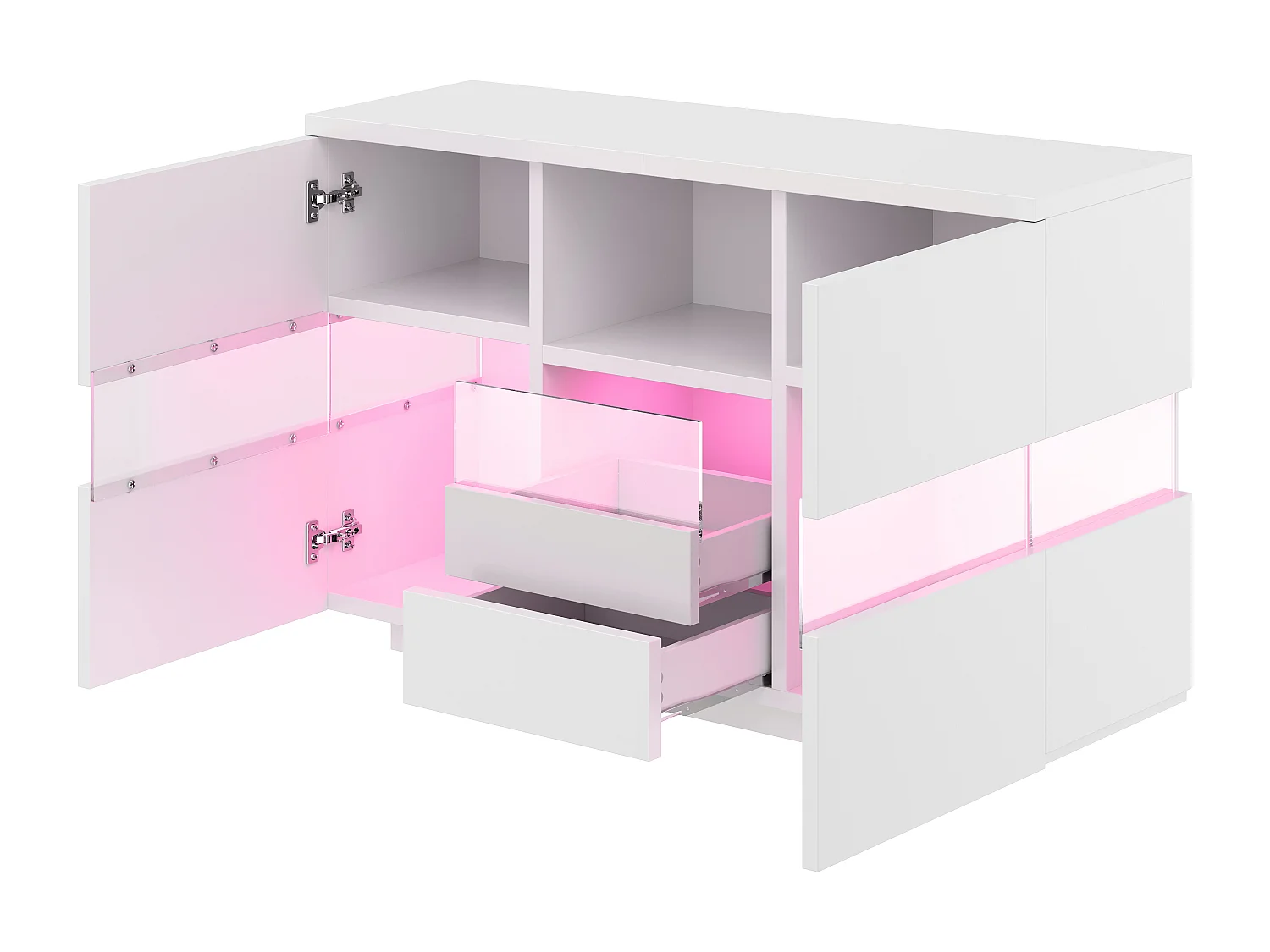 Wit LED-dressoir 140x35x75 cm met 2 deuren en 2 lades - Glas en hout