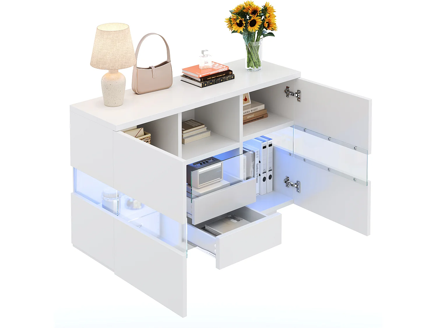 Wit LED-dressoir 140x35x75 cm met 2 deuren en 2 lades - Glas en hout