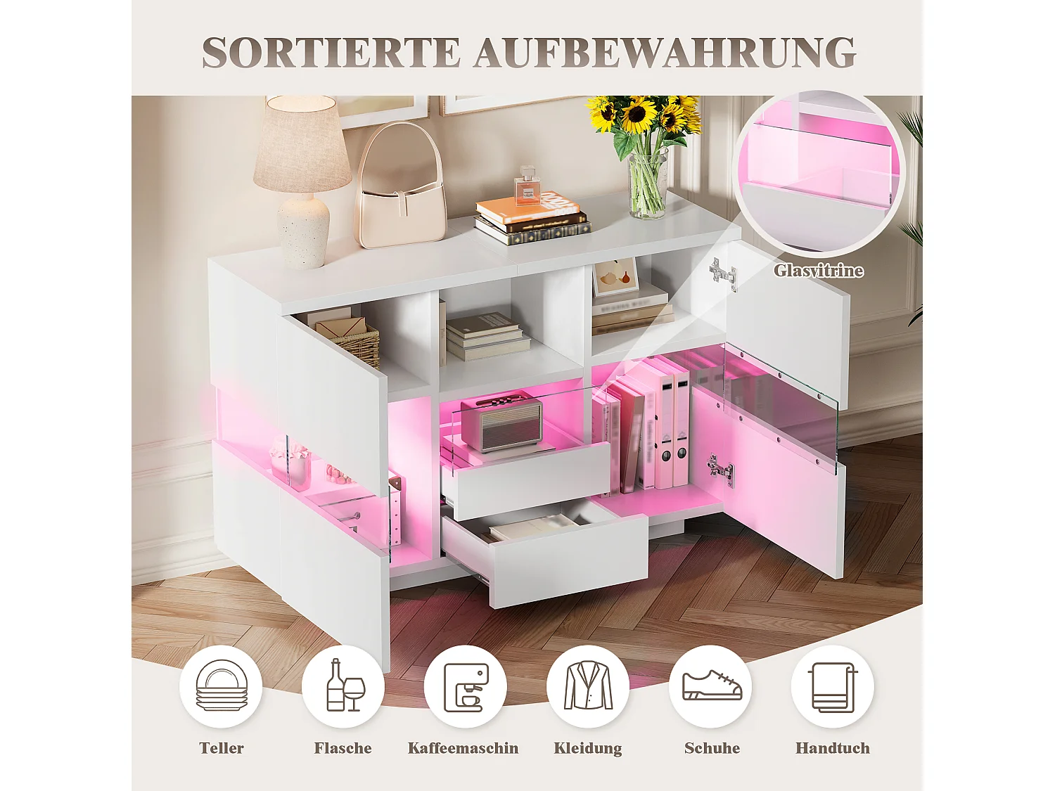 Wit LED-dressoir 140x35x75 cm met 2 deuren en 2 lades - Glas en hout