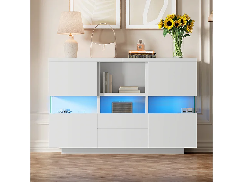 Wit LED-dressoir 140x35x75 cm met 2 deuren en 2 lades - Glas en hout