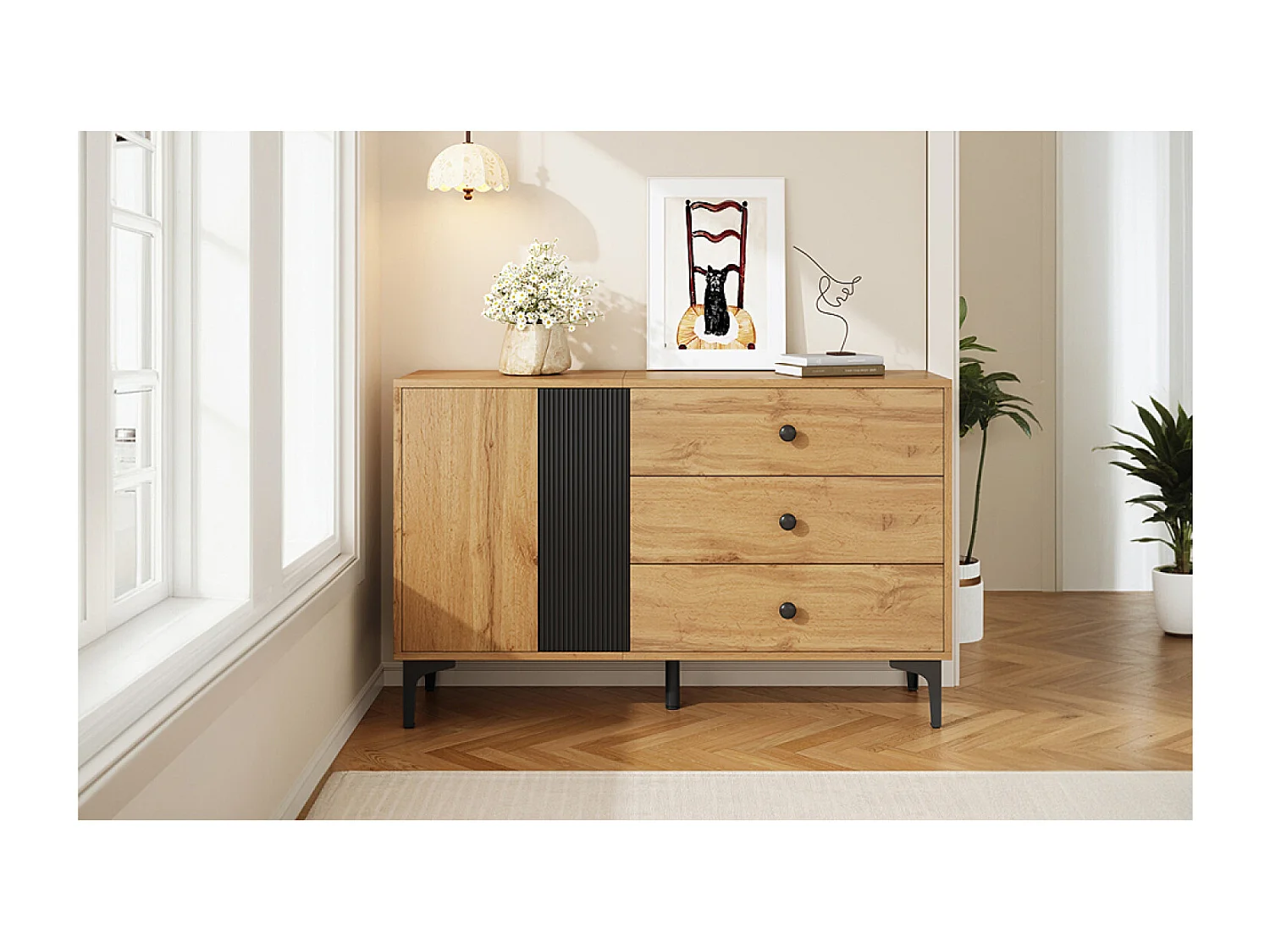 Dressoir met 3 lades en 2 deuren - Metalen poten - Licht naturel en zwart