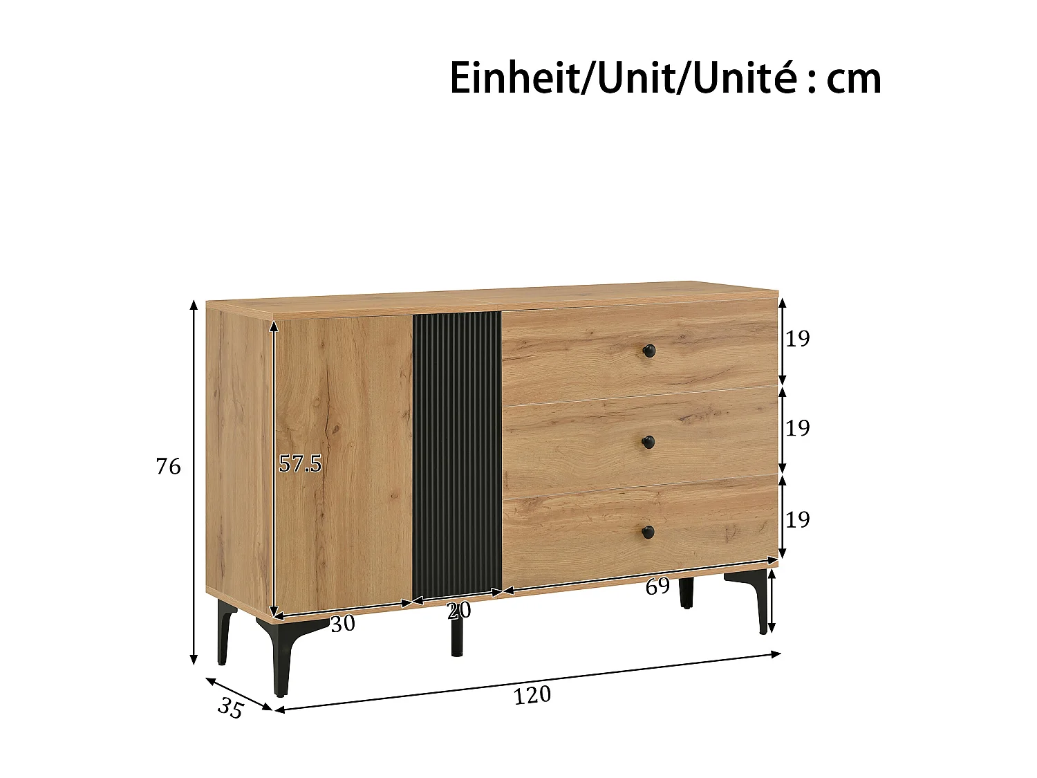 Dressoir met 3 lades en 2 deuren - Metalen poten - Licht naturel en zwart