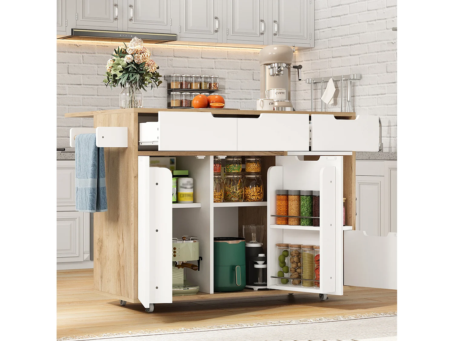 Isla de cocina con ruedas con 3 cajones y 3 puertas - Carrito de servicio moderno blanco y madera