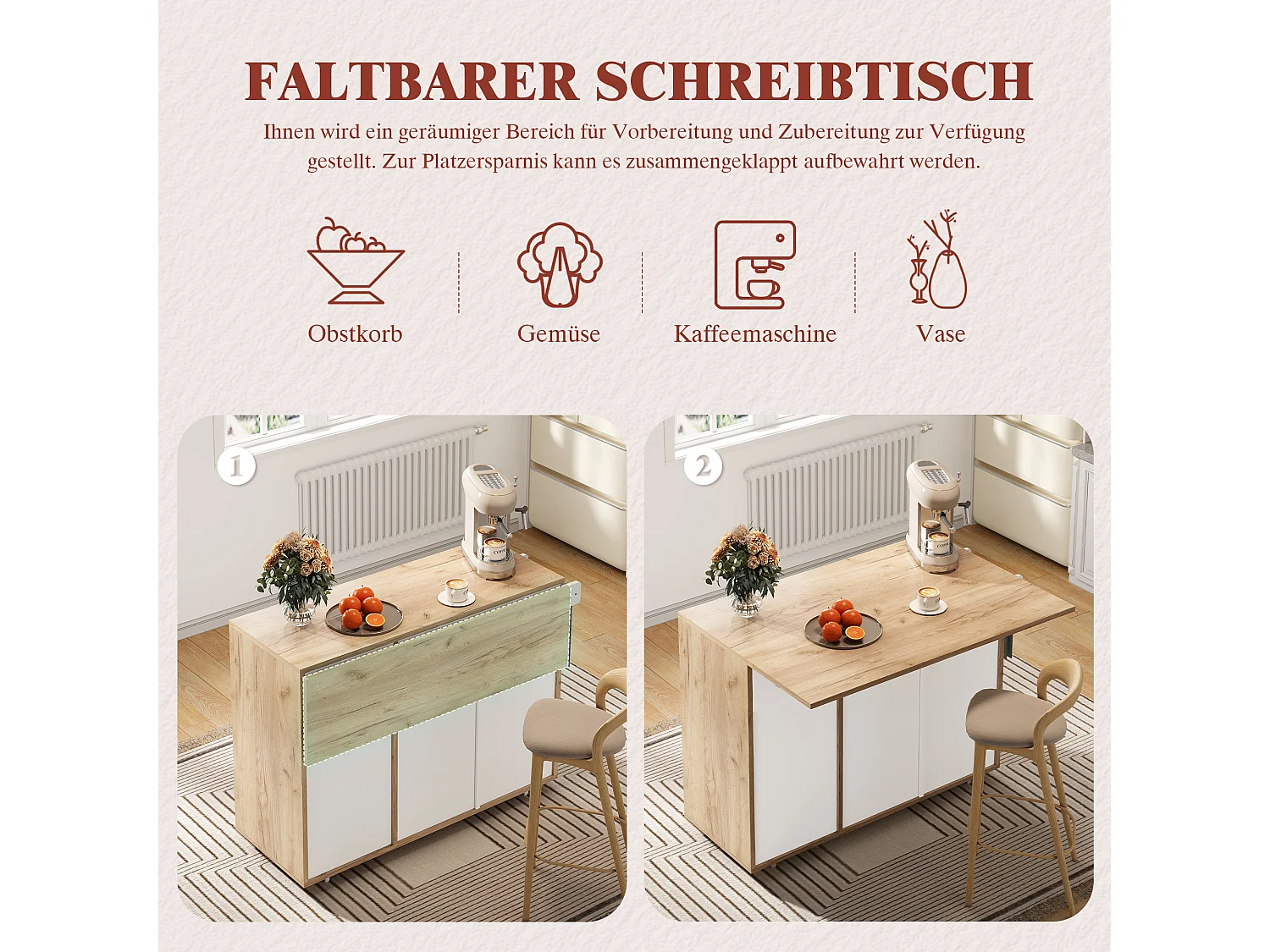 Isla de cocina con ruedas con 3 cajones y 3 puertas - Carrito de servicio moderno blanco y madera