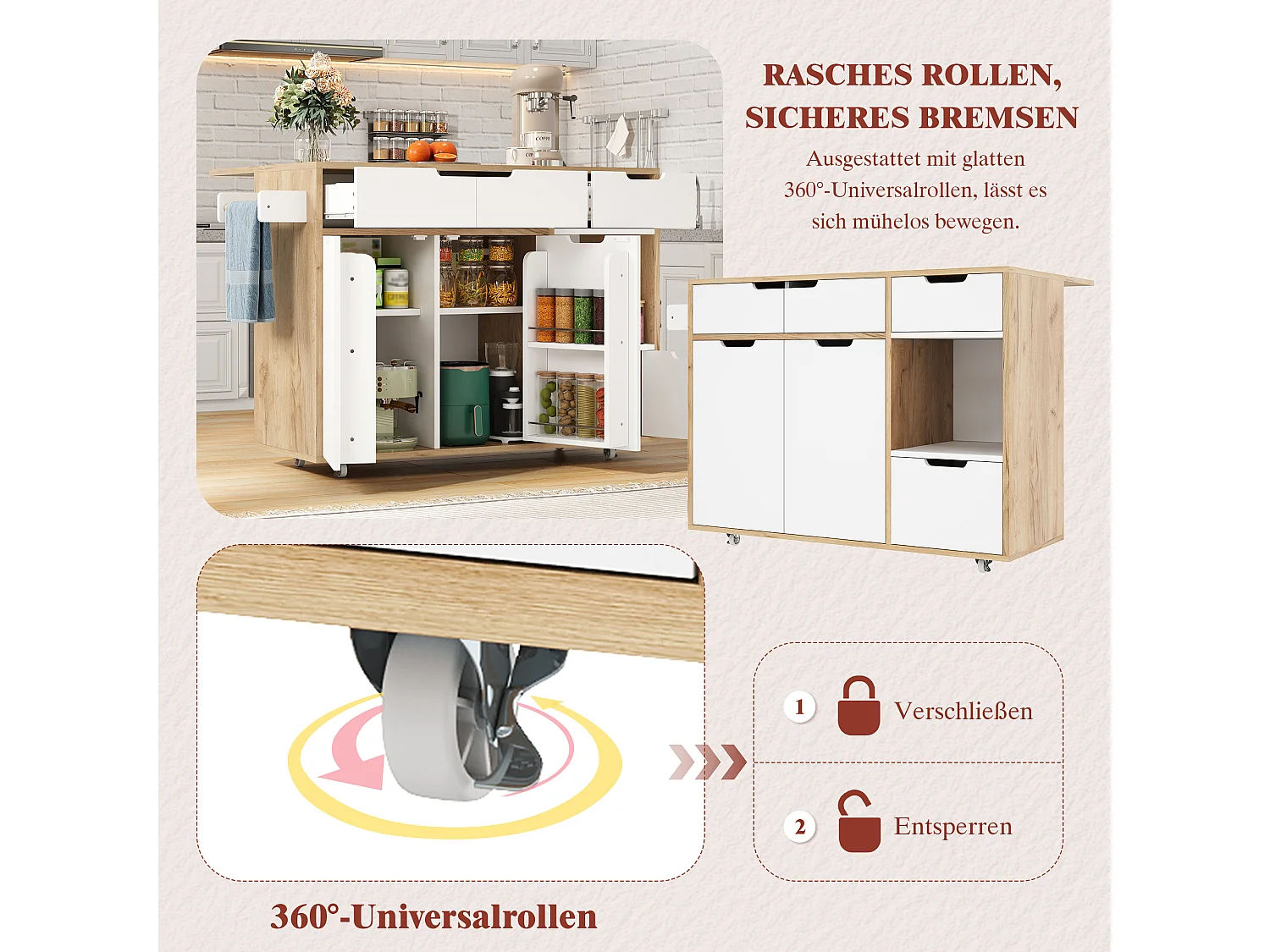 Isla de cocina con ruedas con 3 cajones y 3 puertas - Carrito de servicio moderno blanco y madera