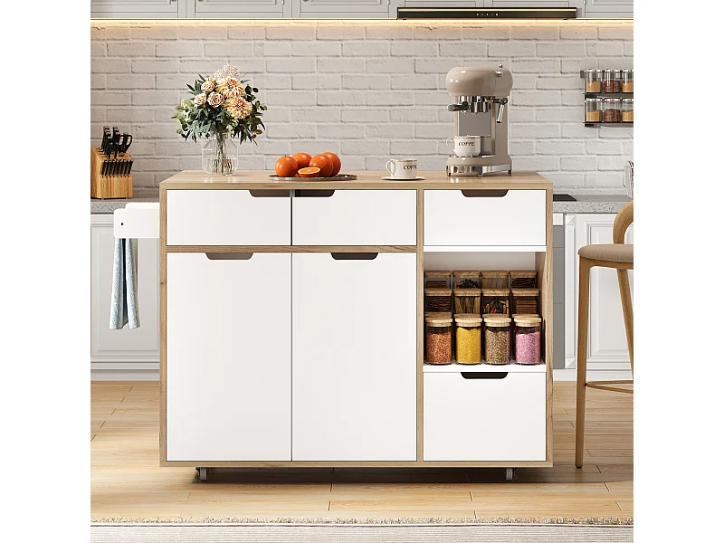 Isla de cocina con ruedas con 3 cajones y 3 puertas - Carrito de servicio moderno blanco y madera